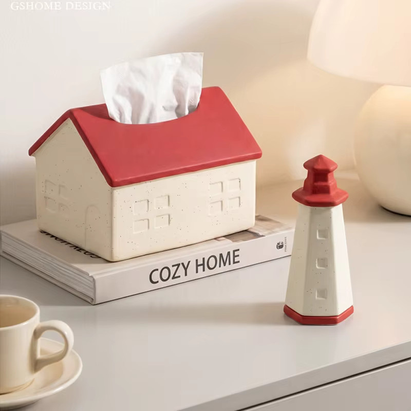 Handbemalte Keramik-Taschentuchbox in Hausform, rote Papierbox für Wohnzimmer, Küche und Bad - Bild 4