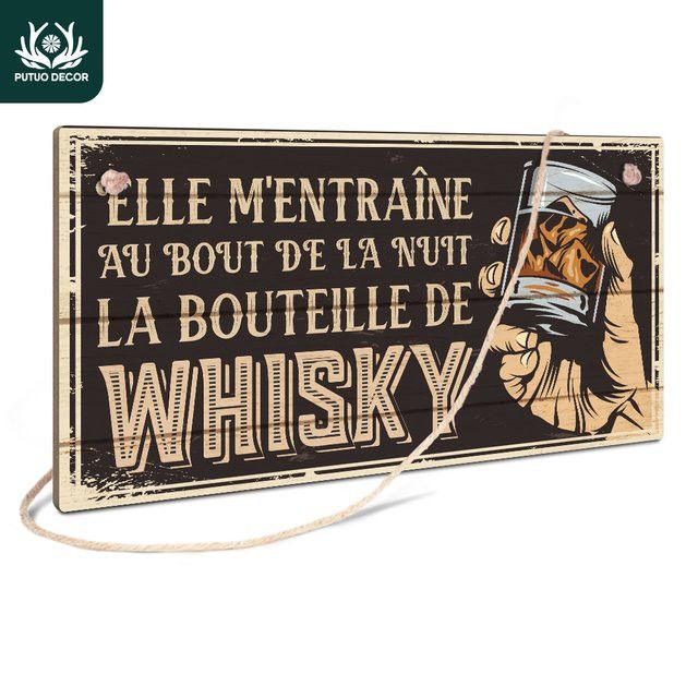 Putuo Decor Französisches Holzschild Elle M'entraine Au Bout De La Nuit La Bouteille De Whiskey als Wanddeko zum Aufhängen - Bild 1