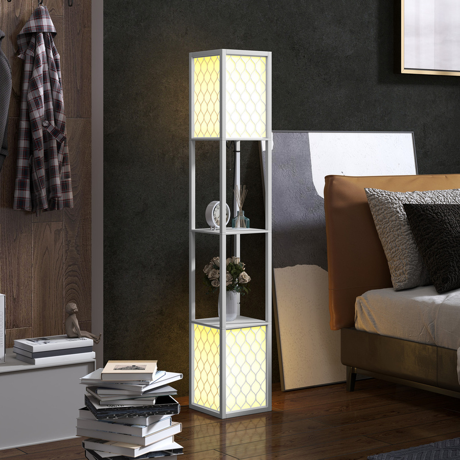 HOMCOM Stehlampe mit Regal in Weiß, moderne Standleuchte aus Metall und Stoff mit E27 Fassung für Wohnzimmer und Schlafzimmer - Bild 2