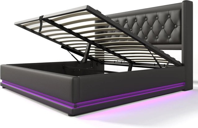 Merax Polsterbett mit LED-Beleuchtung und USB-C Ladestation, Schwarz, B/T/H: 160 x 200 x 48,72 cm - Bild 1