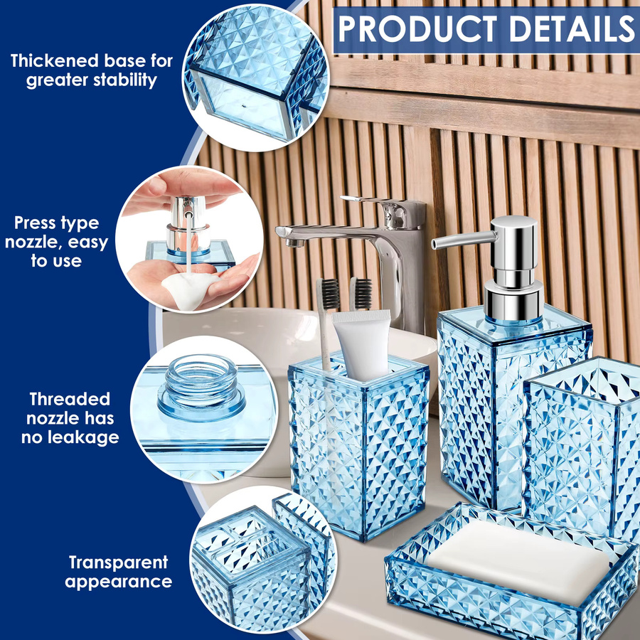 Willstar Badezimmer Zubehör Set 4-teilig mit Diamant Muster in Transparent Blau bestehend aus Seifenspender Zahnbürstenhalter Mundwasserbecher und Seifenschale - Bild 2