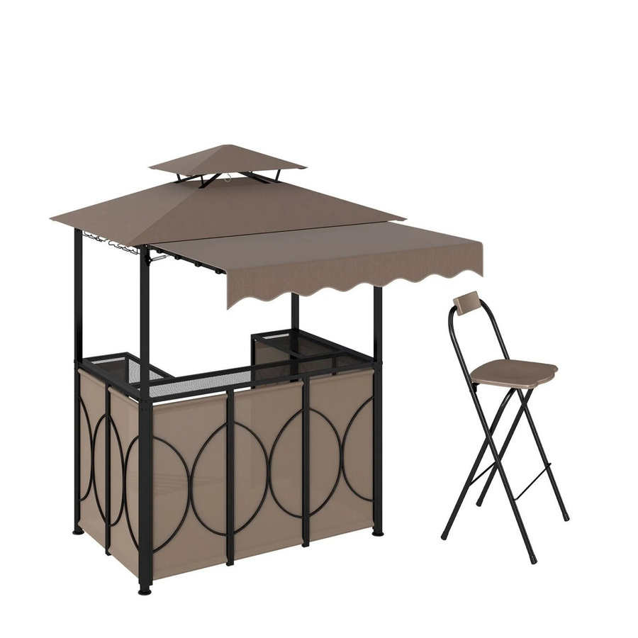 Costway Grillpavillon mit Bar, 2 Barhockern und Markise in Braun mit Doppeldach - Bild 2