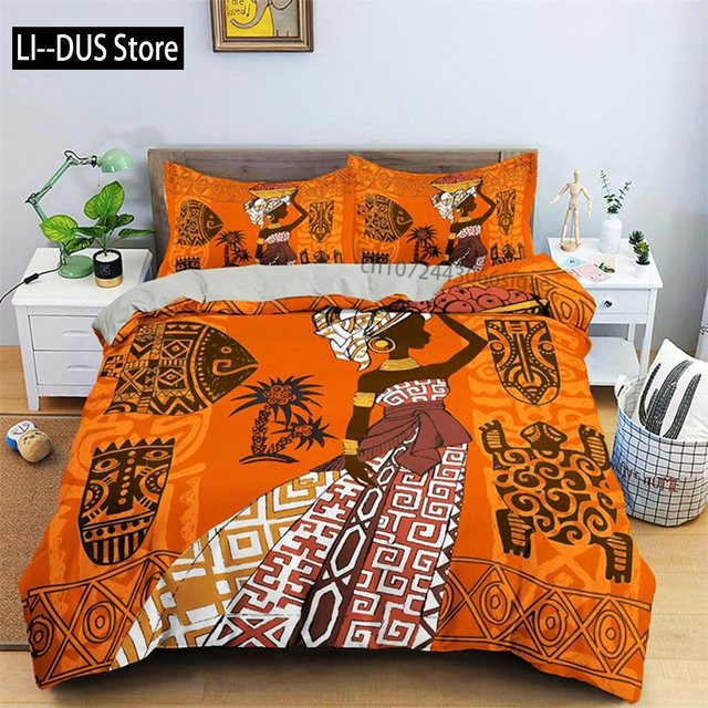 Bettwäscheset aus Mikrofaser mit afrikanischem Frauen-Motiv in Ethnisch-Afro-Design, 3-teilig, B: 150 cm, L: 200 cm - Bild 1