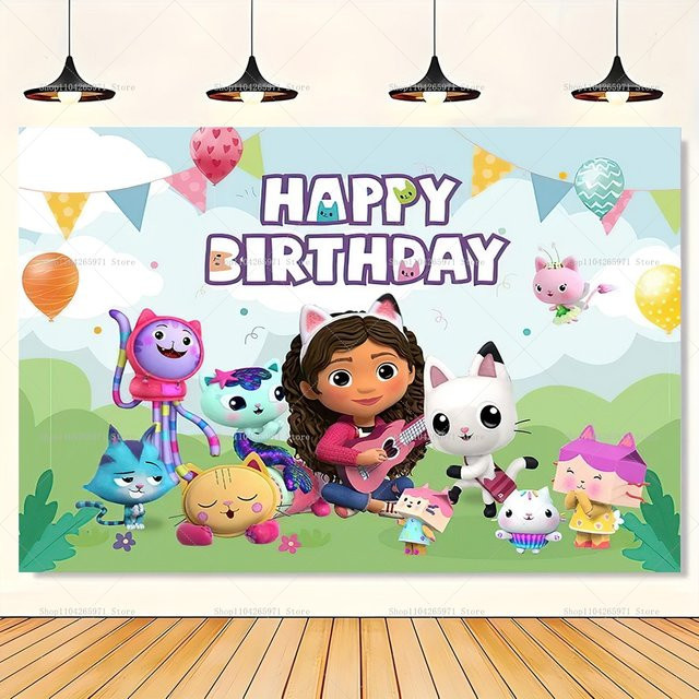 Potdemiel Gabby Dollhouse Party-Hintergrund für Mädchengeburtstage und Babypartys, Rosa Katze Illustration, Textil-Foto-Banner, Mehrfarbig - Bild 1