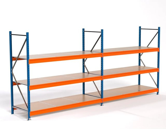 PROREGAL Industrie Weitspannregal MAXIMUS PRO Lagerregal mit 2 Feldern und 3 Spanplatten-Fachböden, Blau/Orange, H x B x T: 200 x 450 x 80 cm - Bild 1
