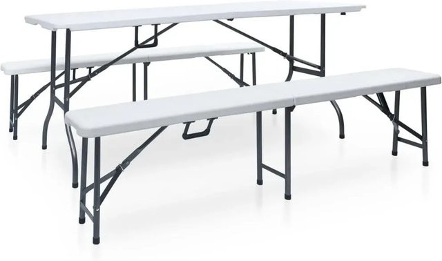 vidaXL Klappbares Garten-Set aus Stahl und HDPE mit Tisch und 2 Bänken in Weiß - Bild 1