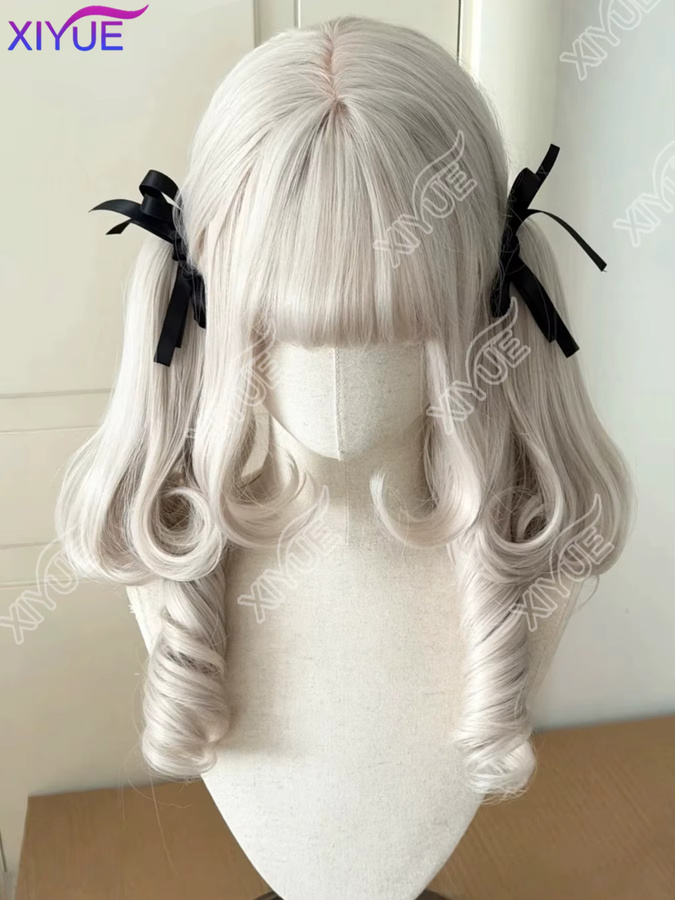XIYUE Lolita Perücke, Doppelter Pferdeschwanz mit Pony, Weiß Grau, Damen - Bild 2