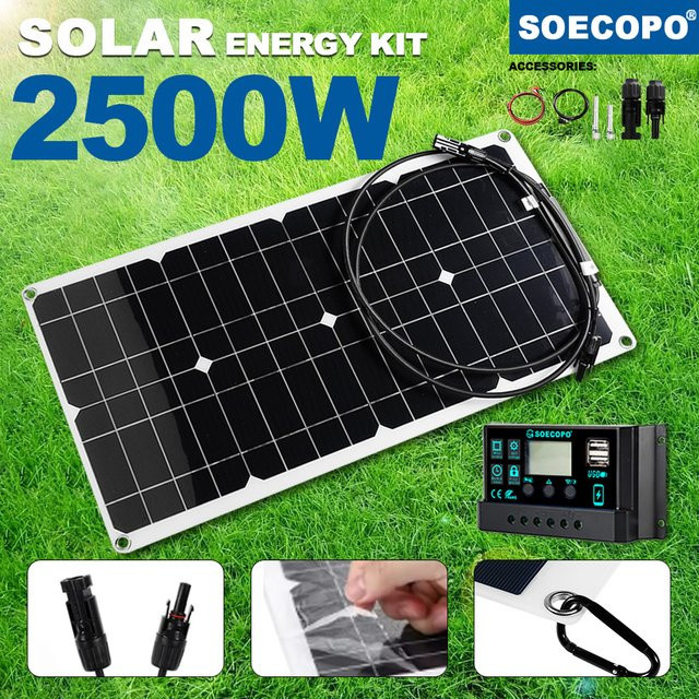 soecopo Flexibles Solar-Ladegerät-Set mit Digital-Display-Solarregler in Schwarz, 2500W Peak Leistung für Wohnmobile, Boote und Kabinen - Bild 1
