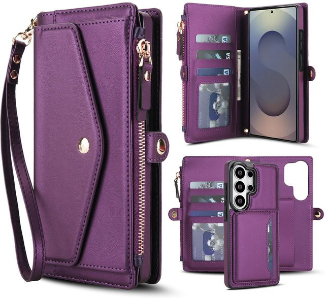 Leder Crossbody Handyhülle für Samsung Galaxy S23+ in Purple mit Geldbörsenfunktion und Riemen - Bild 1