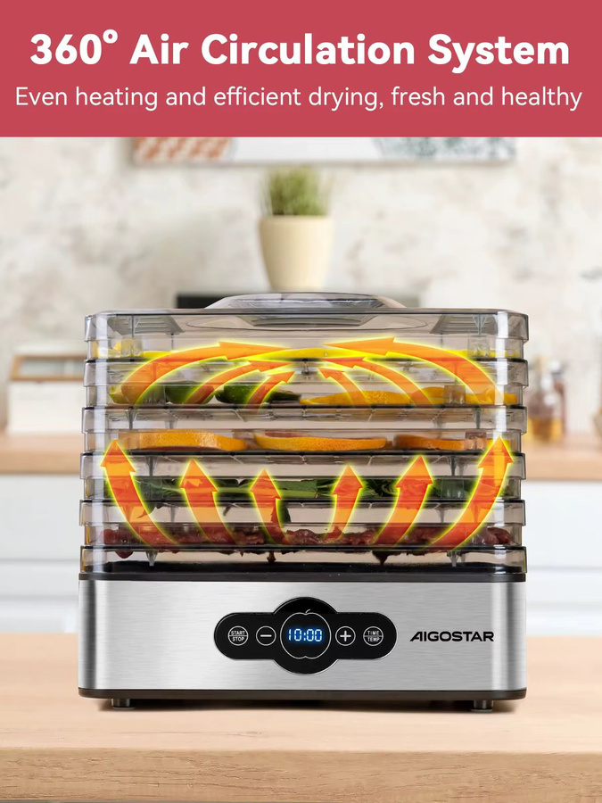 Aigostar Crispy Lebensmitteltrockner mit 240W und 5 Tabletts sowie digitaler Steuerung zur Trocknung von Obst, Fleisch und Gemüse - Bild 6