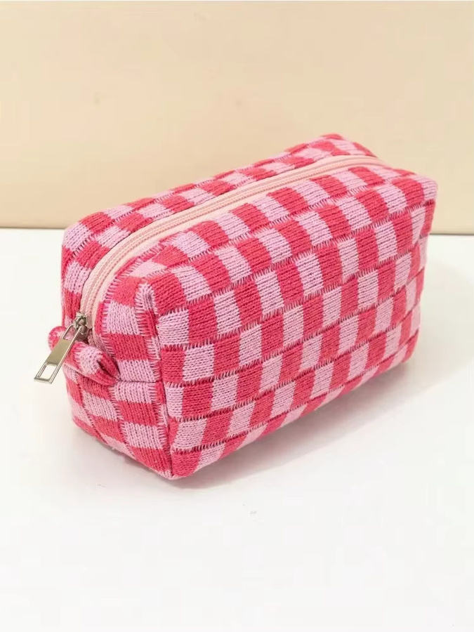 Gestrickte Kosmetiktasche im Schachbrettmuster aus Wolle, braun/mehrfarbig, große Kapazität für Make-up und Reiseutensilien - Bild 5