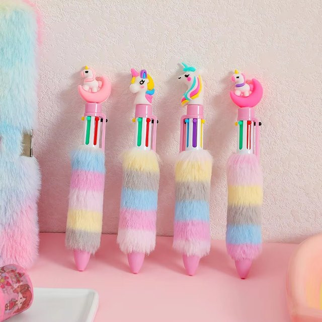 2er-Set Einhorn Plüsch Gel-Stifte in 6 Regenbogenfarben für Kinder und Studenten - Bild 1