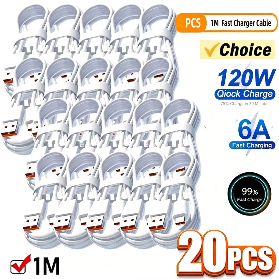 20er Set Typ-C USB-C Schnellladekabel 120W 6A in Weiß für Samsung, Huawei und Xiaomi - Bild 1