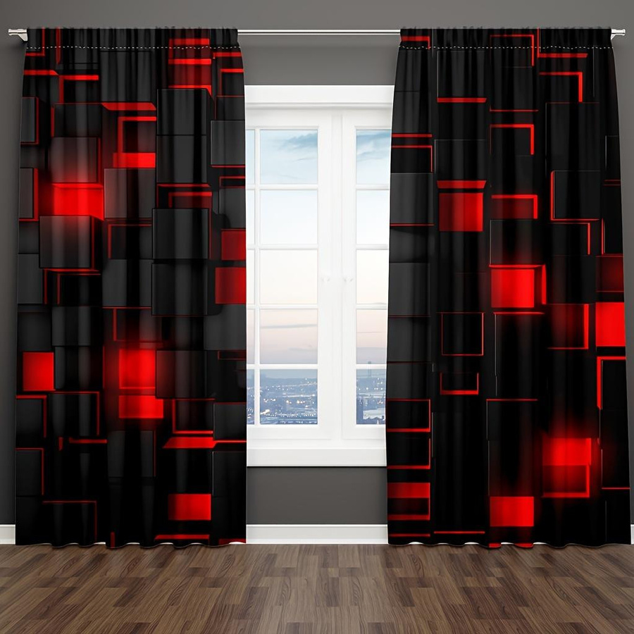 2er-Set Vorhänge mit kariertem Muster in Schwarz und Rot, halbtransparent mit Stangentaschen für Wohnzimmer und Schlafzimmer, B: 150 cm, H: 166 cm - Bild 4