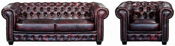 Vente-unique Couchgarnitur Brenton mit Sessel aus Leder in Bordeaux mit Chesterfield-Design und Punksteppung, Breite: 201 cm, Tiefe: 105 cm