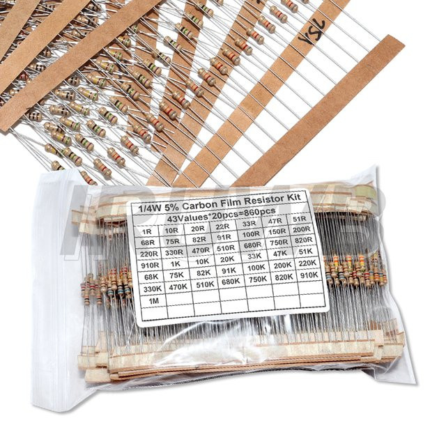 IRUWB Kohleschicht-Widerstands-Set mit 860 Stück, 43 Werte à 20 Stück, 1/4 W, 1R – 1 M Ohm, Multicolor - Bild 1