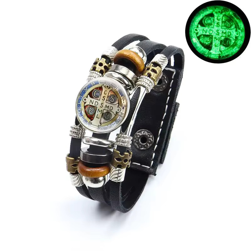 YUMEI Lederarmband, Heiliger Benedikt-Medaille, Silber, Unisex - Bild 4