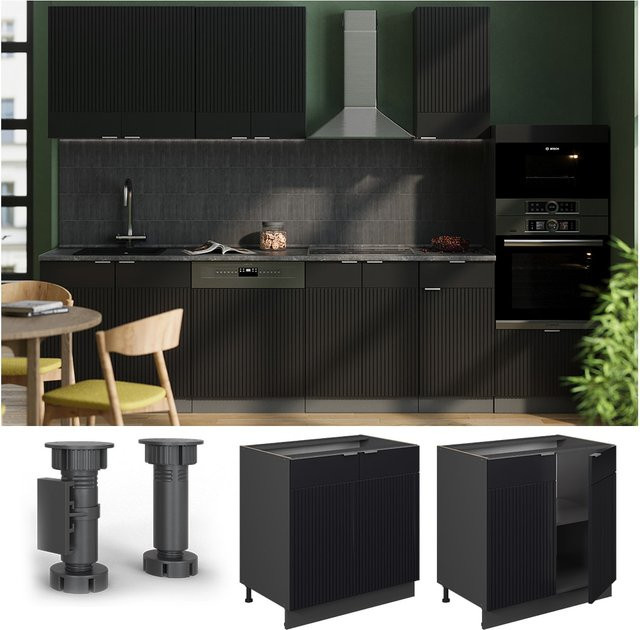 Vicco Unterschrank Fame-Line in Anthrazit und Schwarz gestreift mit Arbeitsplatte in Eiche, Breite: 80 cm - Bild 1