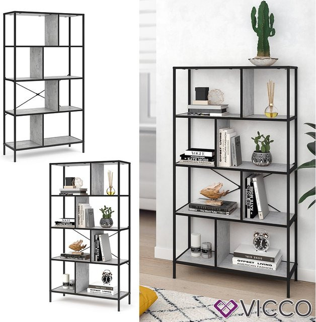 VICCO Loft Bücherregal FYRK in Beton-Optik und Grau mit Metallgestell, H: 146 cm, B: 80 cm, T: 30 cm - Bild 1