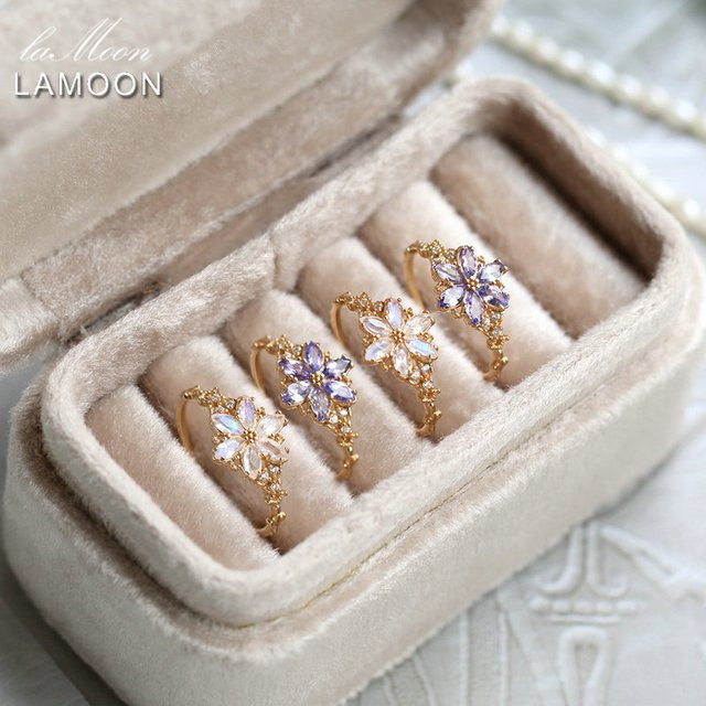 LAMOON Ring, 925 Silber, vergoldet, Moostone, Tansanit, Damen - Bild 1