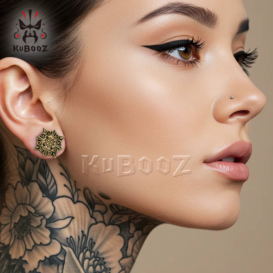 KUBOOZ Ohrstöpsel Edelstahl, Blumen, Edelstein-Inlay, Unisex - Bild 3
