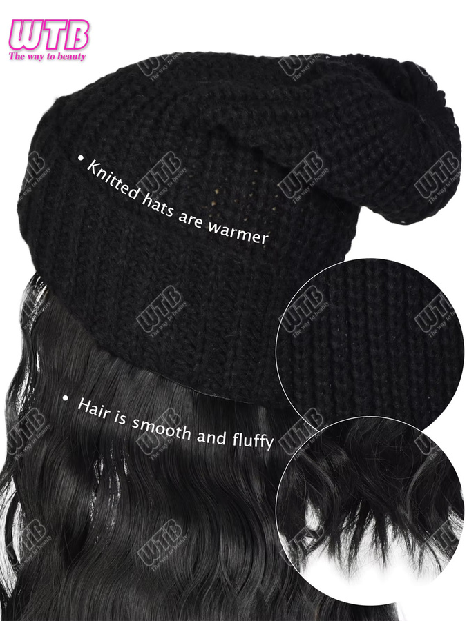 WTB Synthetische Perücke, schwarze Strickmütze mit langen lockigen Haarverlängerungen - Bild 5