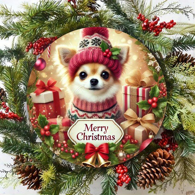 Potdemiel Weihnachts-Chihuahua Wanddekoration aus Aluminium, Vintage Rundplatte, Durchmesser: 20,3 cm, Multicolor - Bild 1