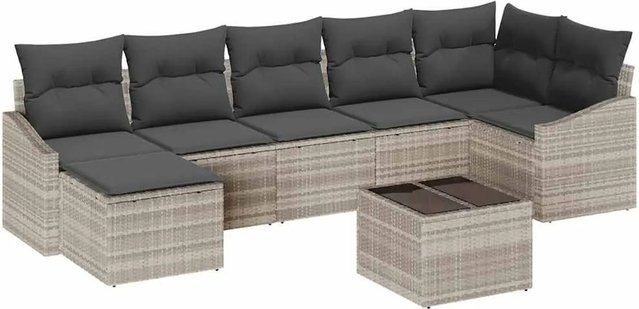 vidaXL Garten-Sofa-Set mit 8-teiligem Kissen-Set aus Poly-Rattan in Hellgrau - Bild 1