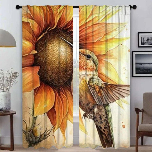 Fenstervorhang mit Kolibri-Motiv aus Tüll, 2 Paneele, Mehrfarbig, Breite: 50 cm, Höhe: 70 cm - Bild 1