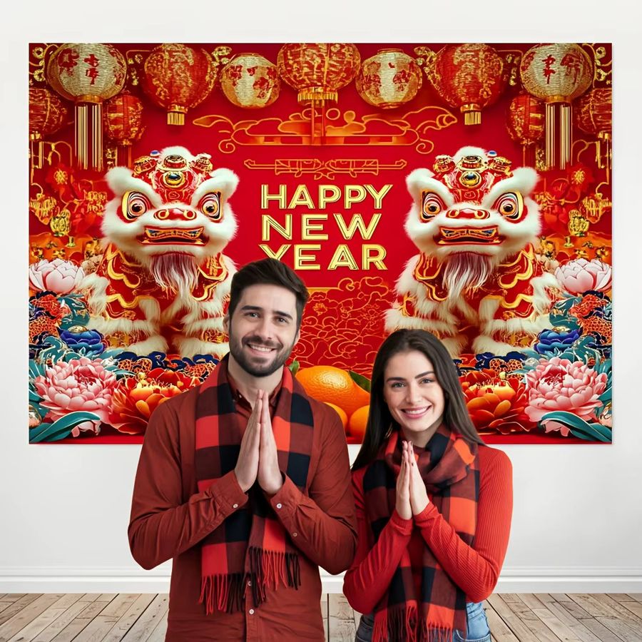 VIKAMA Wandteppich Chinesisches Neujahr mit Doppellöwen, Spielkugel und Pfingstrosen in Rot zur Dekoration für dein Wohnzimmer - Bild 2