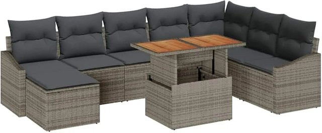 vidaXL Garten-Sofa-Set aus Poly-Rattan in Grau, 9-teiliges Set mit Polsterung, Tisch, Fußhocker und integriertem Kissen-Speicher - Bild 1