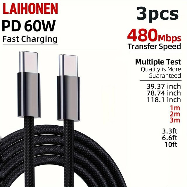 LAIHONEN 3-teiliges USB-C zu USB-C Ladekabel Set, 60W 3A 20V PD, geflochten, Schwarz, kompatibel mit iPhone 17-15 Pro Max, MacBook Air, iPad Pro/Air, Samsung Galaxy und Pixel - Bild 1