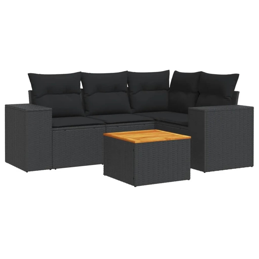 vidaXL 5-tlg Garten-Sofagarnitur in L-Form aus Polyrattan und Akazienholz mit Kissen in Schwarz - Bild 2