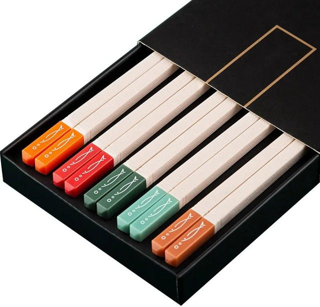 5 Paare rutschfeste Essstäbchen von Bestbags in Mehrfarben aus Holz und Metall für Sushi und den täglichen Gebrauch - Bild 1