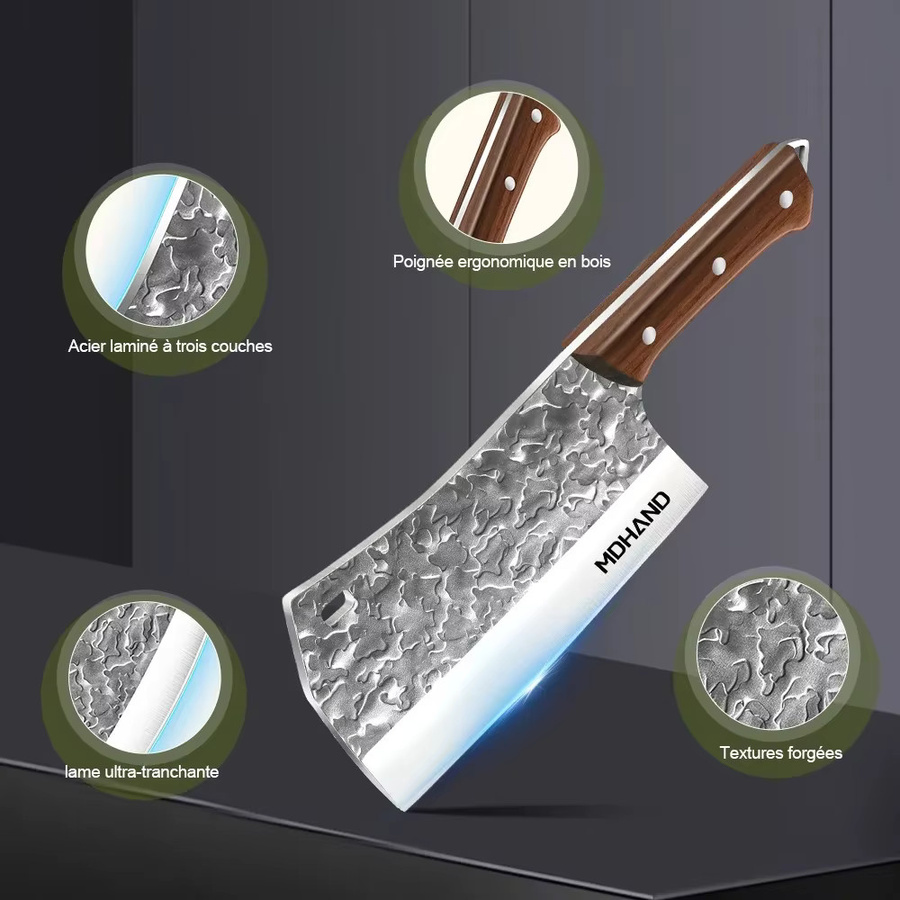 MDHAND Fleischbeilmesser aus handgeschmiedetem Kohlenstoffstahl in Silber mit Holzgriff, Klingenlänge: 17,8 cm - Bild 3