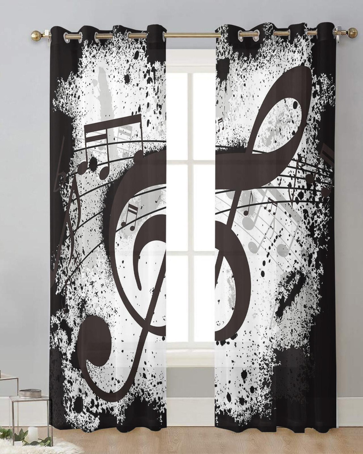 Transparente Tüll-Vorhänge mit Musiknoten-Design in Schwarz, Breite: 135 cm, Höhe: 115 cm - Bild 3