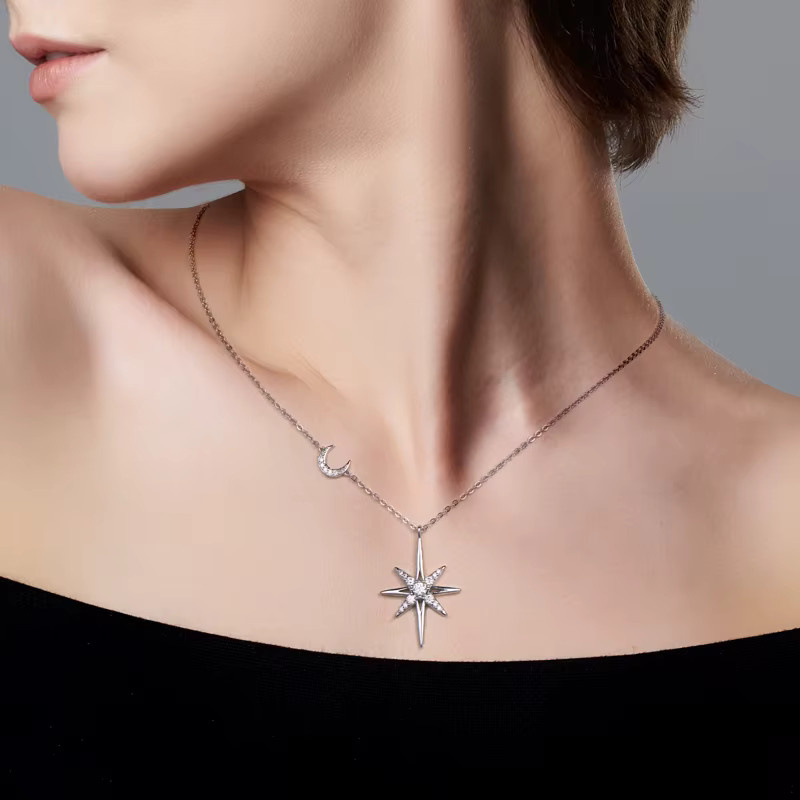 OXTAO Halskette, Stern-Mond-Anhänger, Moissanit, 14 Karat Gold gefüllt, Diamant - Bild 4