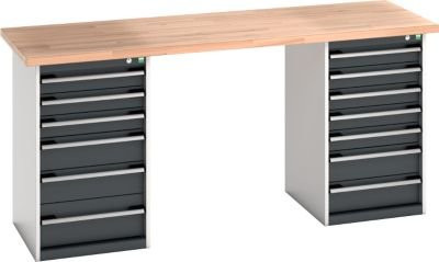 Bott Werkbank mit Buchenholz-Arbeitsplatte und Stahlgestell, 13 Schubladen, lichtgrau/anthrazit, B: 200 cm, T: 75 cm, H: 94 cm - Bild 1