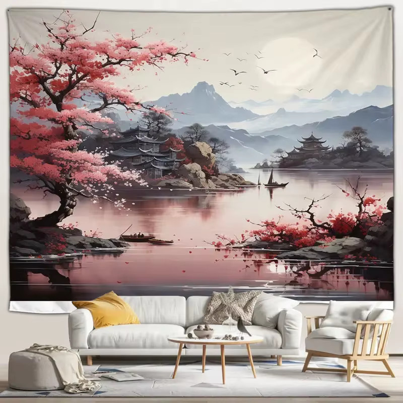 VIKAMA Japanischer Landschaftswandteppich mit rosa Kirschblüten und nebliger Natur als dekorativer Wandbehang - Bild 1