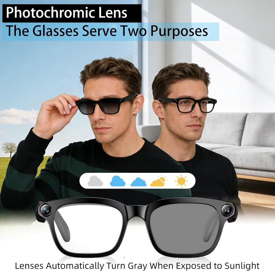 GUHUAVMI KI-Smart-Brille mit 8MP Anti-Shake Bluetooth-Kamera, 1080p Videoaufnahme, KI-Übersetzung, Open-Ear-Kopfhörer und Sprachassistent in Schwarz und Transparent - Bild 6