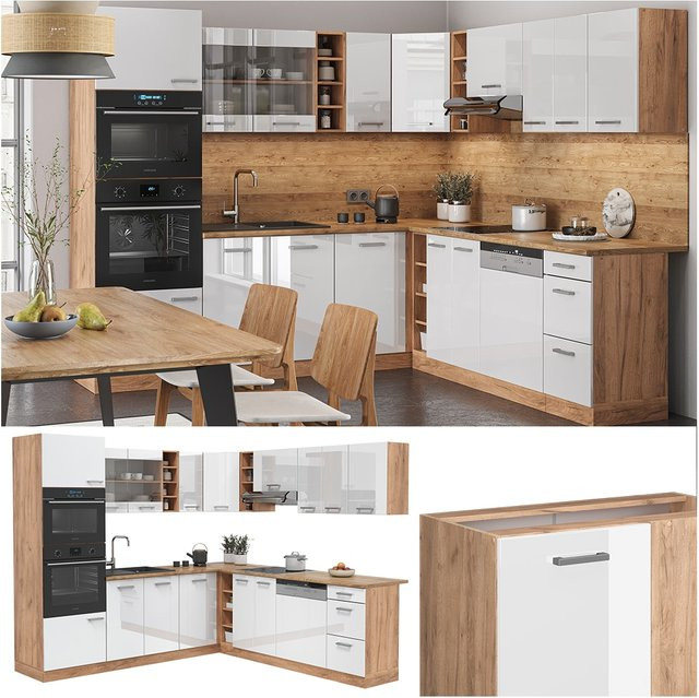 Vicco R-Line Eckküche Einbauküche in Weiß Hochglanz und Eiche mit Goldakzenten, B/T/H: 237 x 60 x 247 cm - Bild 1
