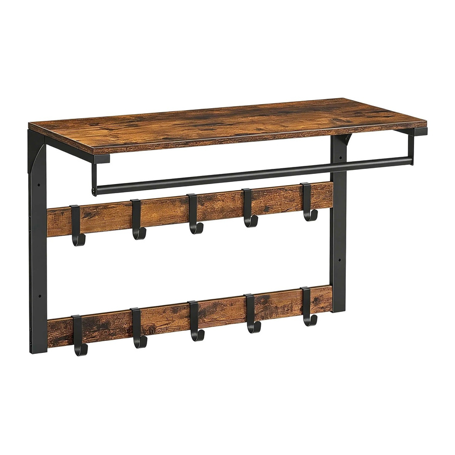 Relaxdays Wandgarderobe im Industrial Design aus MDF und Metall, Farbe Vintagebraun und Schwarz, mit Ablage und 10 Haken, Breite: 65 cm, Höhe: 30 cm, Tiefe: 42 cm - Bild 2