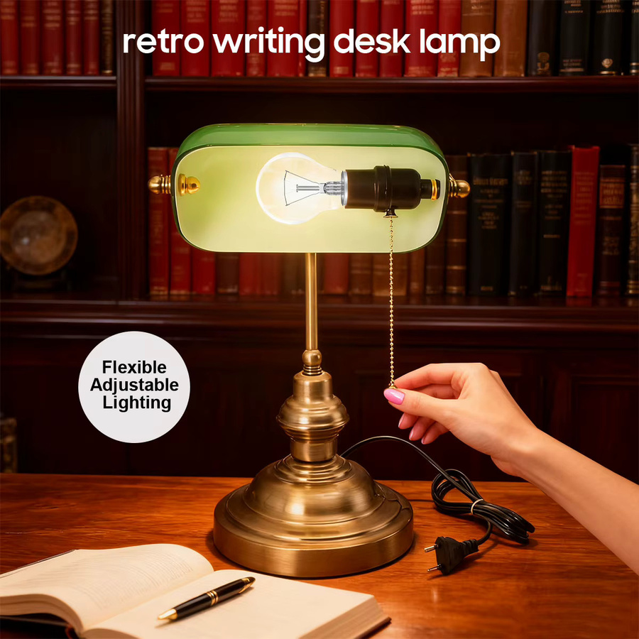 Moderne Banker-Schreibtischlampe in Grün mit Reißverschluss-Schalter und Messing-Details für Büro und Zuhause - Bild 3