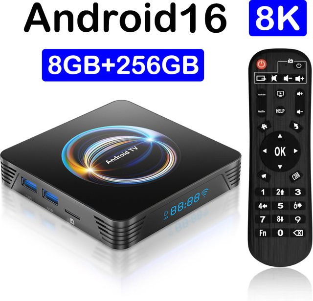 X66 Android TV Box Android 16 mit 8GB RAM und 256GB Speicher, 8K Unterstützung, Wifi 6 und Bluetooth 6.0, Schwarz - Bild 1