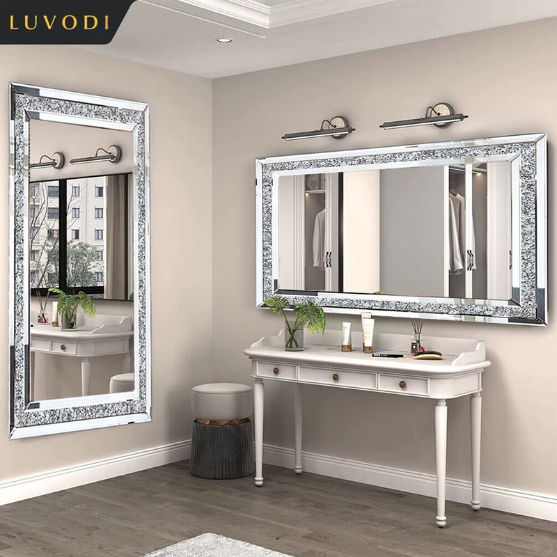 LUVODI Wandmontierter Kosmetikspiegel in Silber, Rahmenloser rechteckiger Schminkspiegel mit Kristall-Strass-Design aus Glas, B/H: 120 x 120 cm - Bild 2