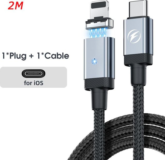 Fonken Magnetisches USB-C-Schnellladekabel Set mit PD 65 W USB-C-auf-Typ-C und 27 W USB-C-auf-Lightning für iPhone und Samsung, Schwarz, Länge: 2 m - Bild 1