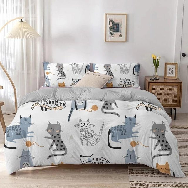 Bettwäsche-Set Your Warm Home mit Cartoon-Katzen-Print, 2-teilig, Weiß, Bettbezug B: 135 cm, H: 200 cm und 2 Kissenbezüge B: 50 cm, H: 70 cm - Bild 1