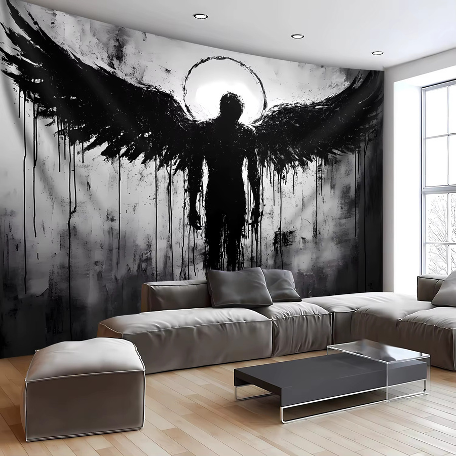 VIKAMA Wandteppich mit Engelsfigur in Schwarz-Weiß, gotischer Wandbehang für deine Raumdekoration, Breite: 60 cm, Höhe: 40 cm - Bild 3