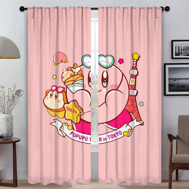 Kawaii Cartoon K-Kirby Fenstervorhänge aus Tüll, 2 Paneele, Farbe: Pink, Breite: 50 cm, Höhe: 70 cm - Bild 1