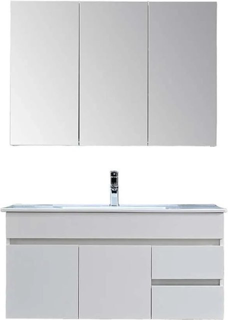 Sanotechnik Badezimmer-Set Belluno Weiß, 3-teilig mit Keramik-Waschtisch, Waschtisch-Unterschrank und Spiegelschrank mit LED-Beleuchtung und Soft-Close-Türen - Bild 1